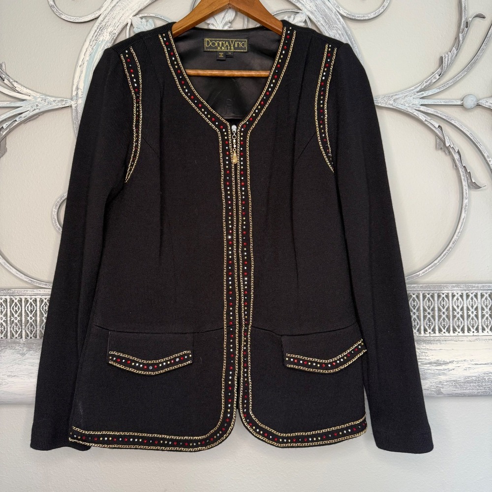 Donna Vinci Knits Womens Black Rhinestone Chain Trim Zip Front Jacket Size 10 - Picture 1 of 6